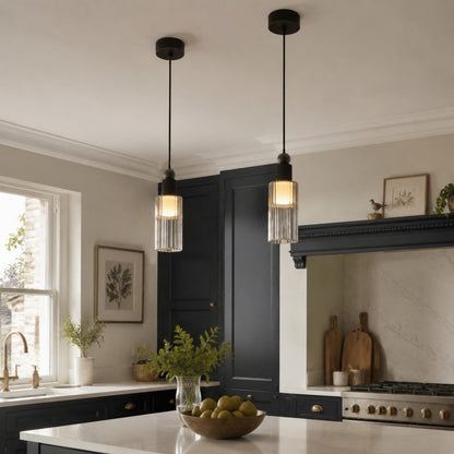 Copper black mini pendant lights in a kitchen interior