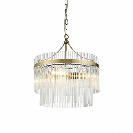 Elegante Pendelleuchte mit 3 Lichtern aus Glasstäben – Vintage-Messing-Finish
