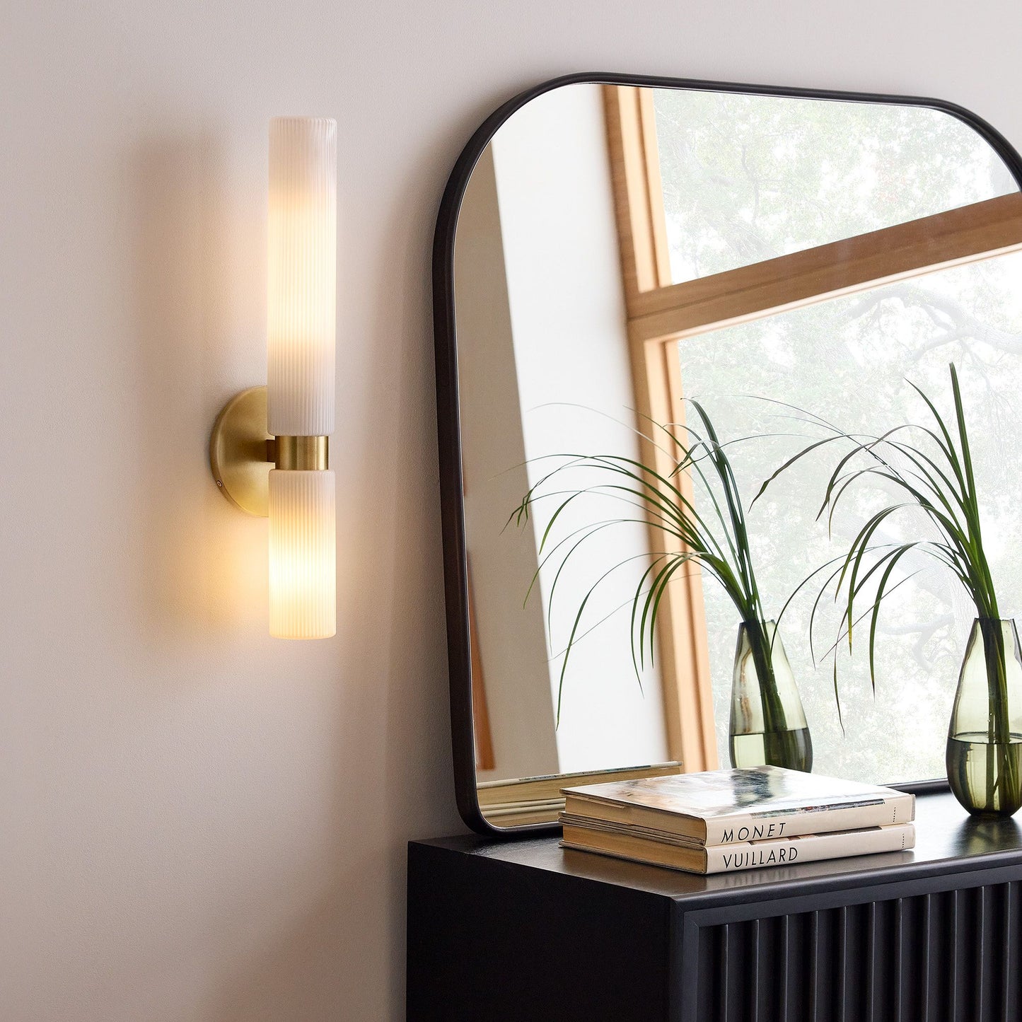 Rivora Fluted Glass Double Short Sconce - Indoor Outdoor Wall Light Elegance