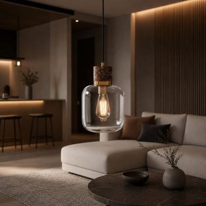 Korlisse Pendelleuchte aus Naturstein und Glas – Stilvolle Lampe für Wohnzimmer oder Lounge