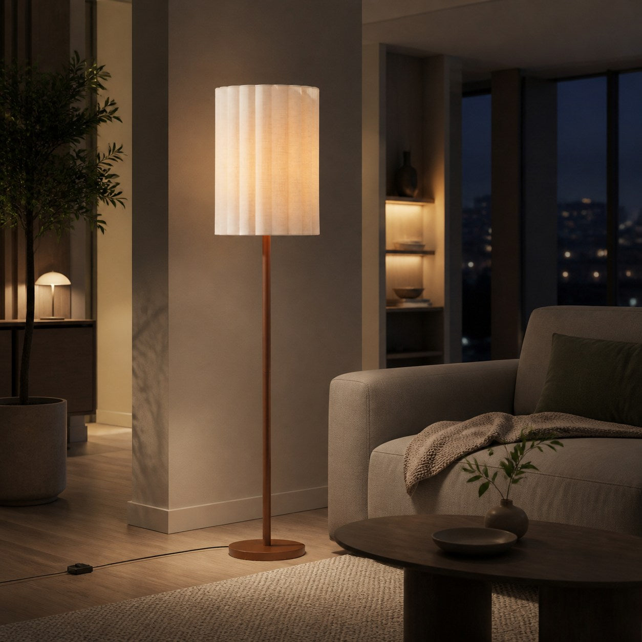 Linbron Stehlampe aus Walnussholz mit geriffeltem Leinenschirm – Moderne, natürliche Wohndekoration