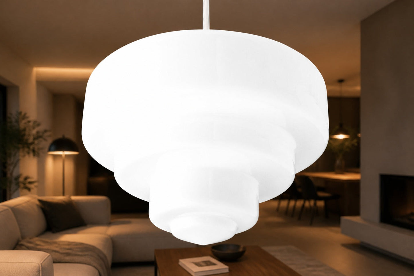 Geotower Glas-Messing-Pendelleuchte – Art Deco Opal Globe Deckenleuchte