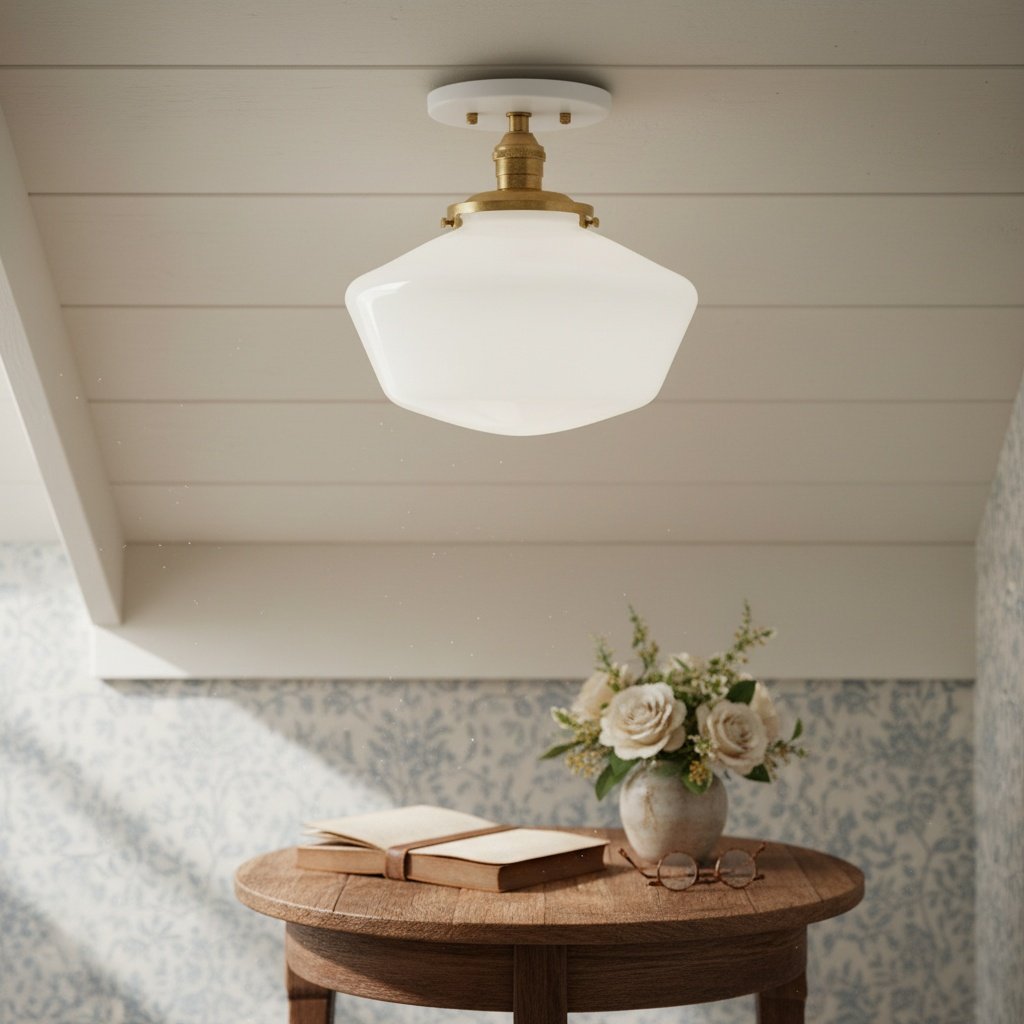 Geotower Glass Brass Ceiling Light - Opal Glass Schoolhouse Shade - Modern Elegance