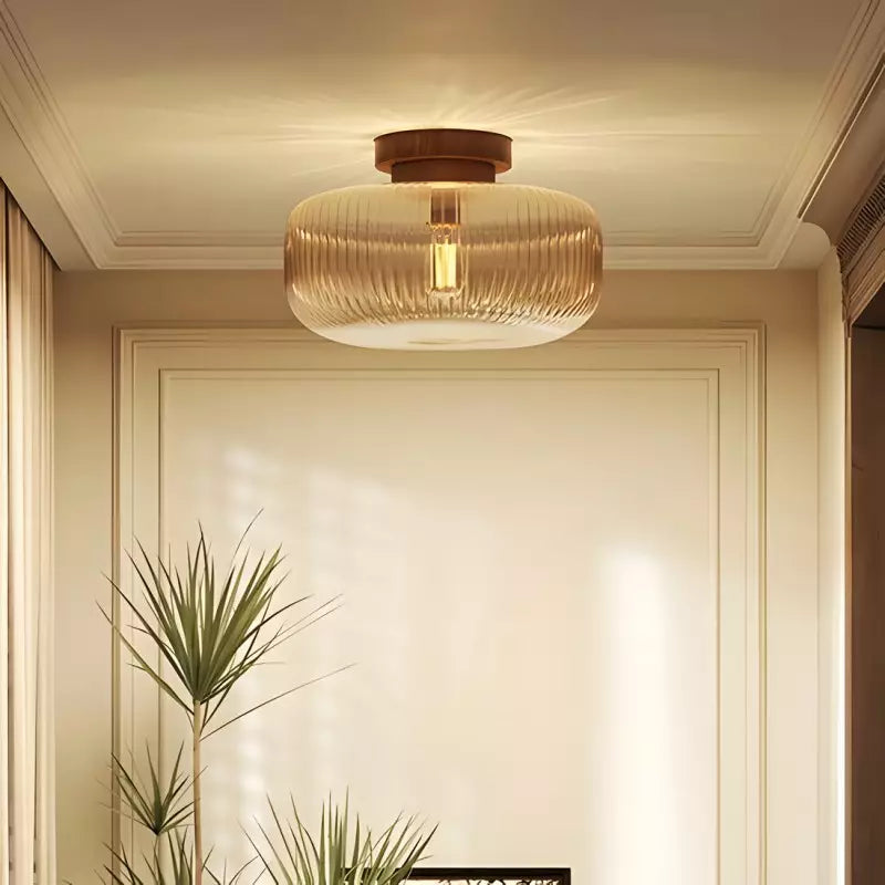Amberflow Retro Amber Fluted Glass Ceiling Light – Round Flush Mount for Hallways and Entryways