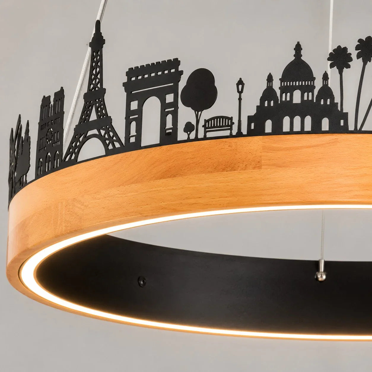 Close-up of the black ring and wood grain finish