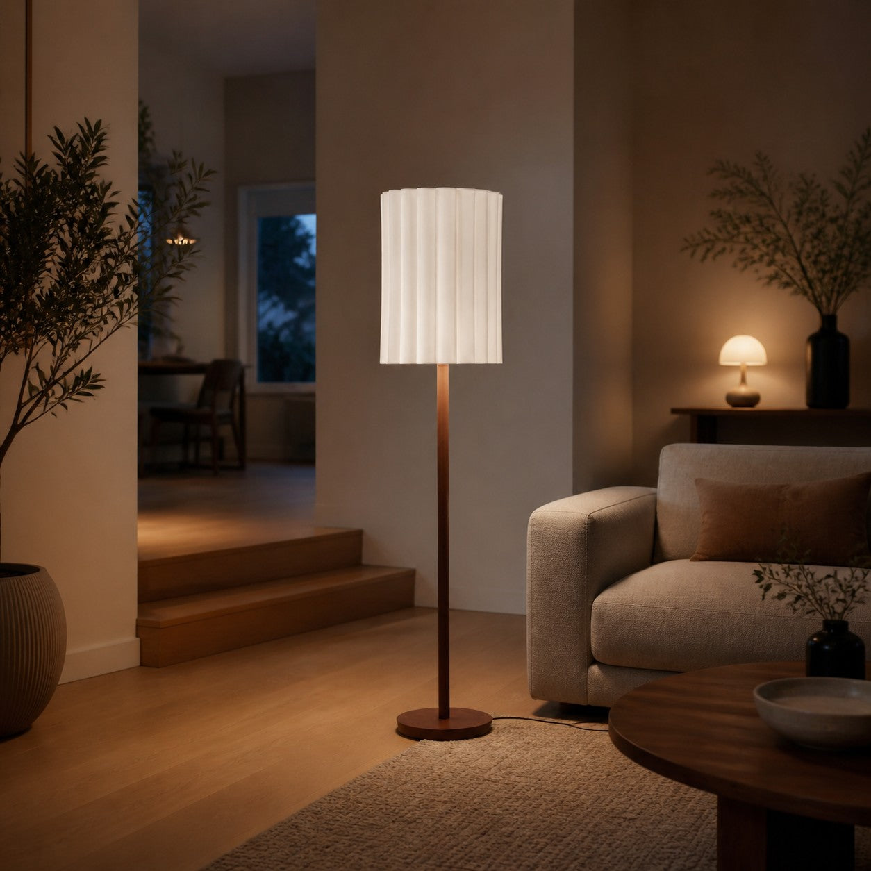 Linbron Stehlampe aus Walnussholz mit geriffeltem Leinenschirm – Moderne, natürliche Wohndekoration