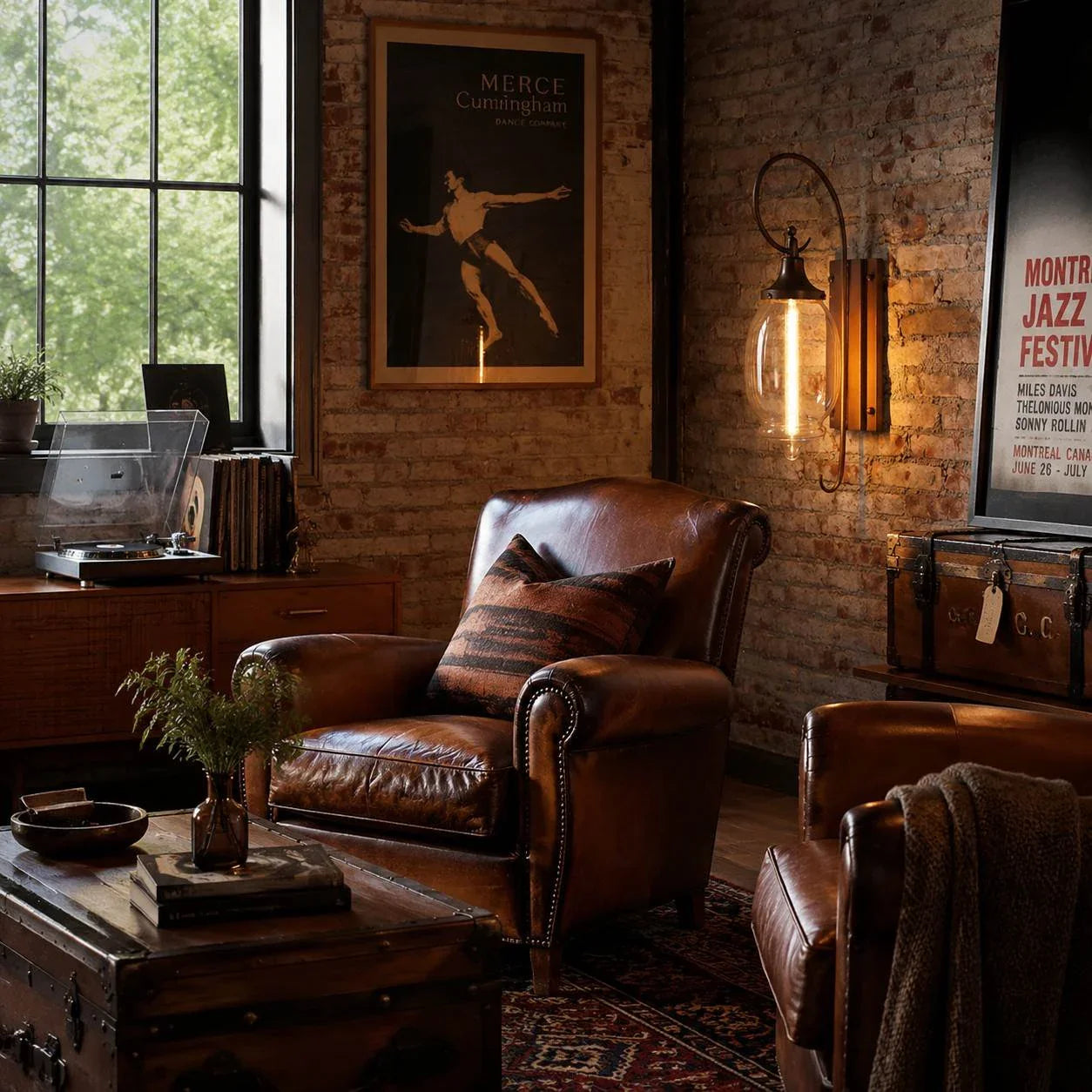 Industrial lounge installation on a brick wall