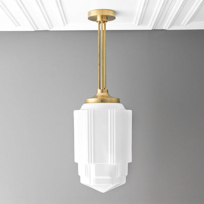 Geotower Glass Brass Pendant – Opal Globe Art Deco Hanging Light