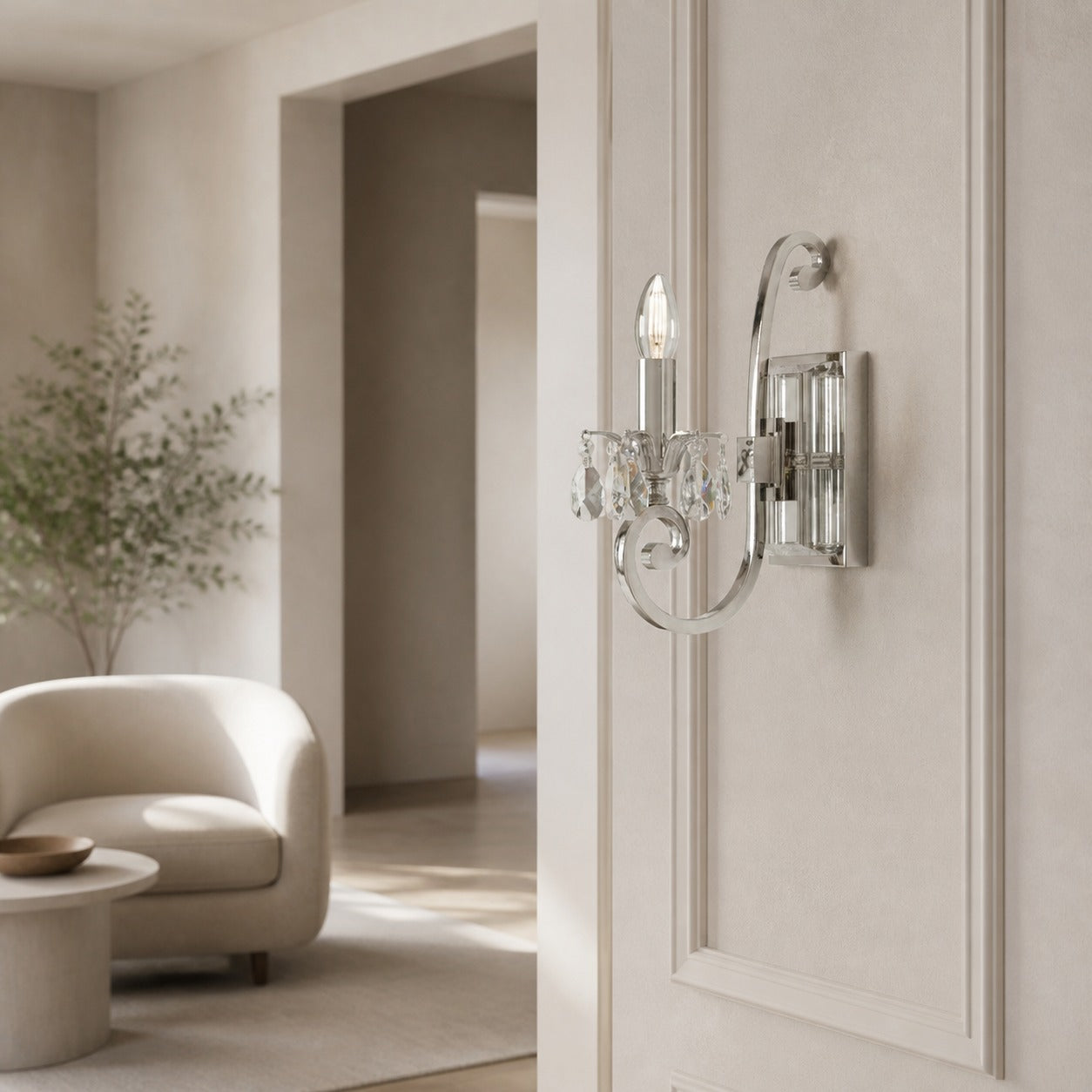 Talonis Crystal Accent Wall Light – Curved Chrome Arm Design for Living and Hallway Spaces