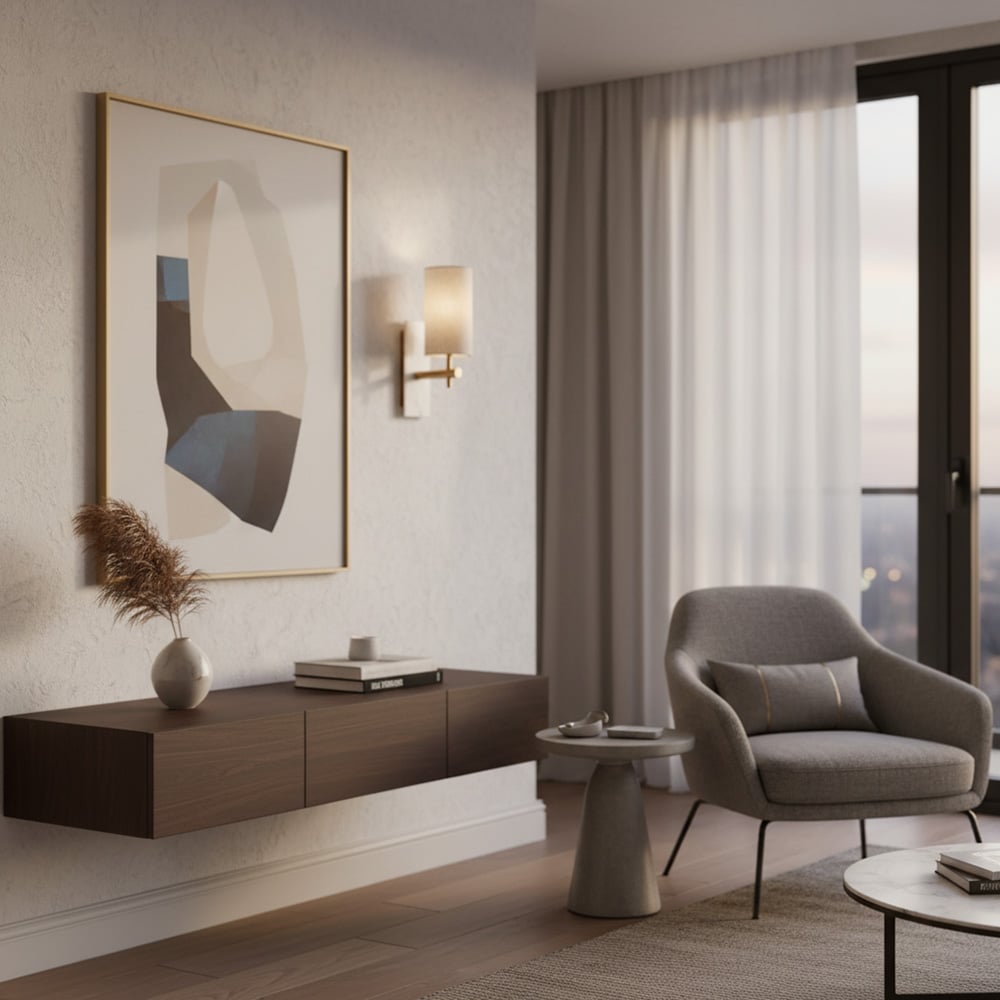 Vintage Wandleuchte aus Messing und Marmor – Lampenschirm aus natürlichem Leinen