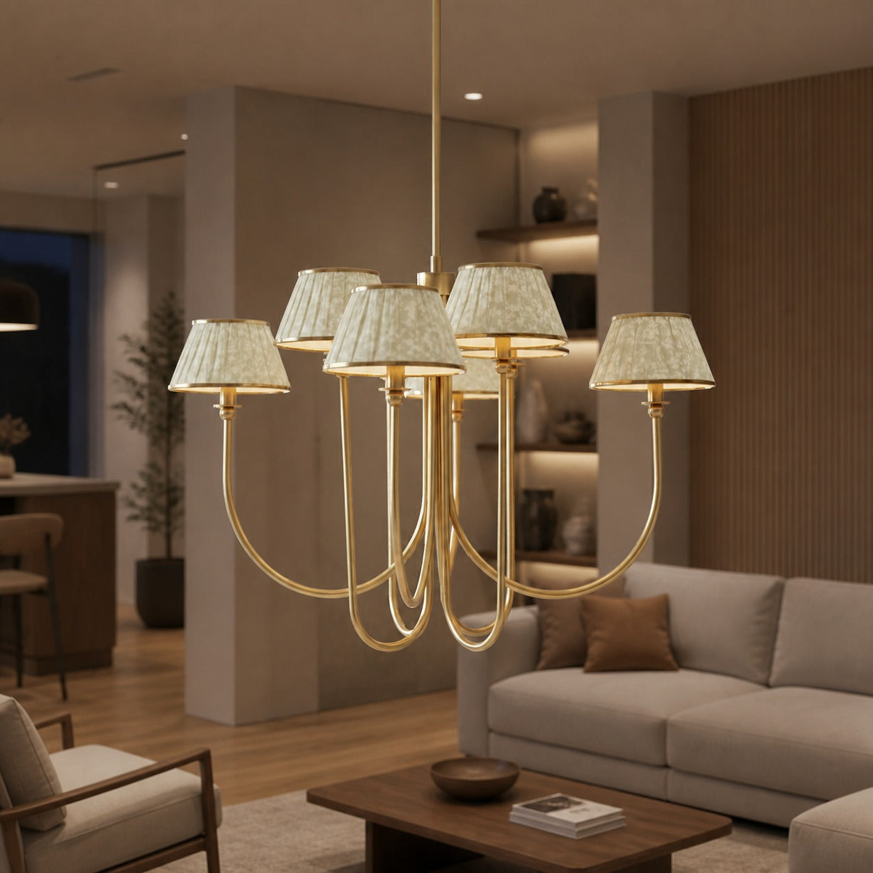 Ruchee Chandelier – Layered Fabric Shade Brass Ceiling Light for Dining or Living Spaces