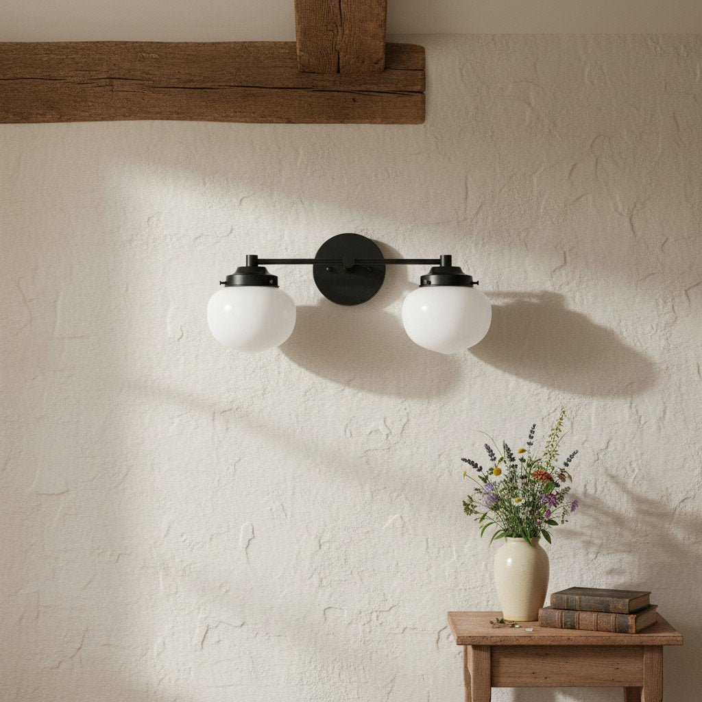 Opalume Glass Art Deco Vanity Light - Bathroom Wall Sconce with White Glass Shades