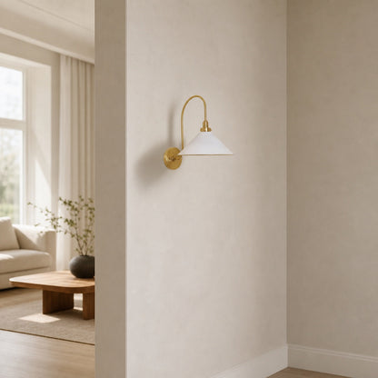 Ivoran Brass Gooseneck Wall Sconce - Curved Arm Dome Shade Light for Bedroom and Hallway