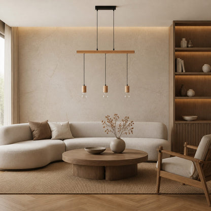 Virell Adjustable Linear Ceiling Light – 3‑Bulb Wooden and Metal Design for Kitchen Island or Office