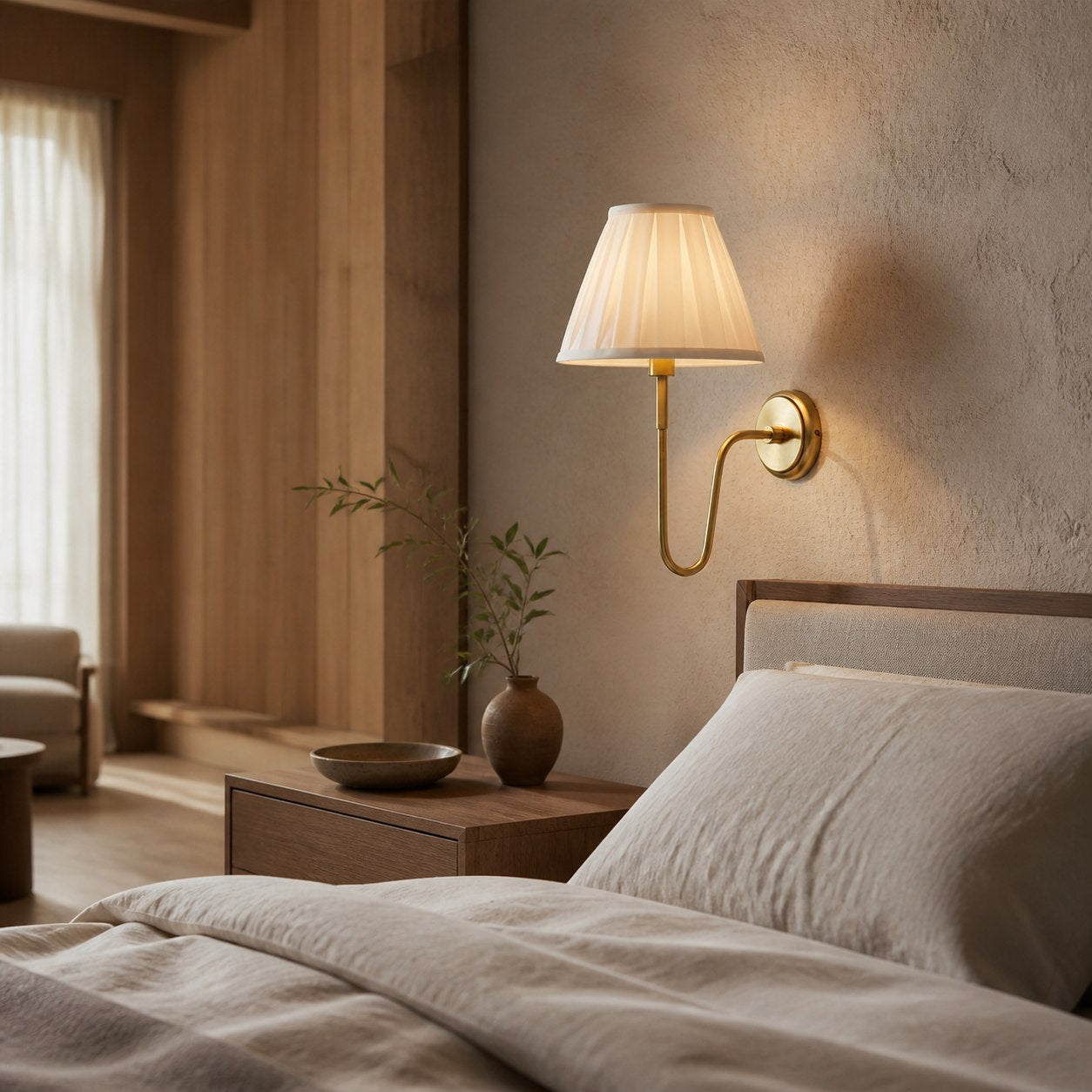 Ivoralux Tapered Fabric Wall Light – Modern Classic Curved Arm Sconce for Hallways or Bedrooms