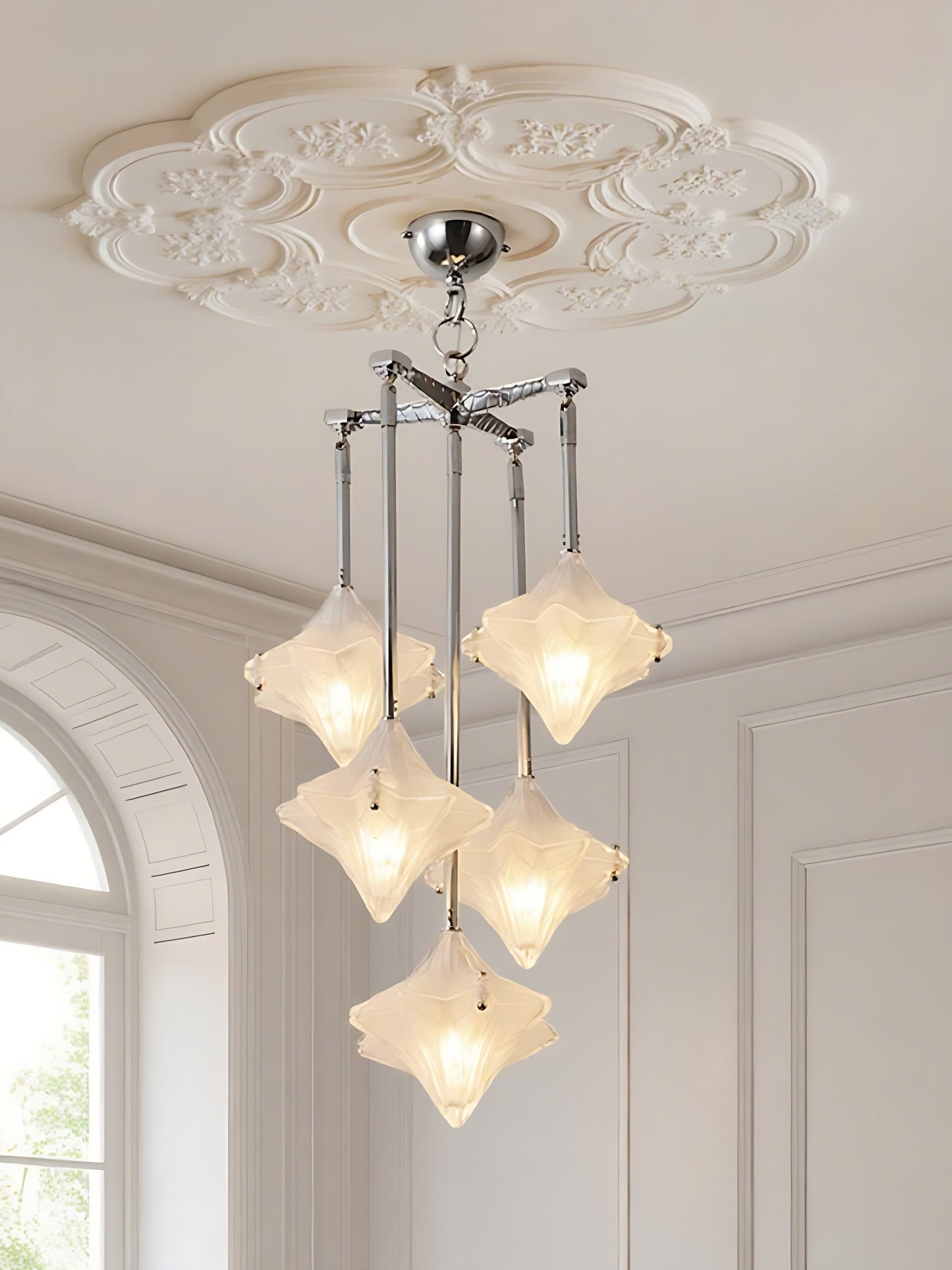 Art Deco Astris Star Chandelier – Frosted Glass Deco Fixture for Dining Room