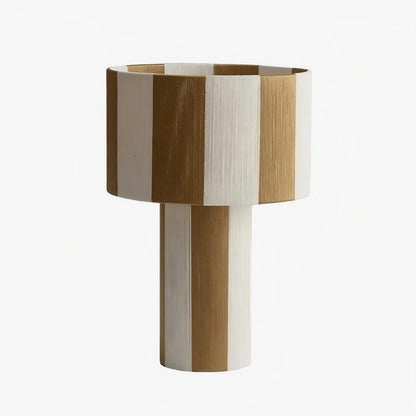 Apricot and white striped woven shade table lamp on a white background