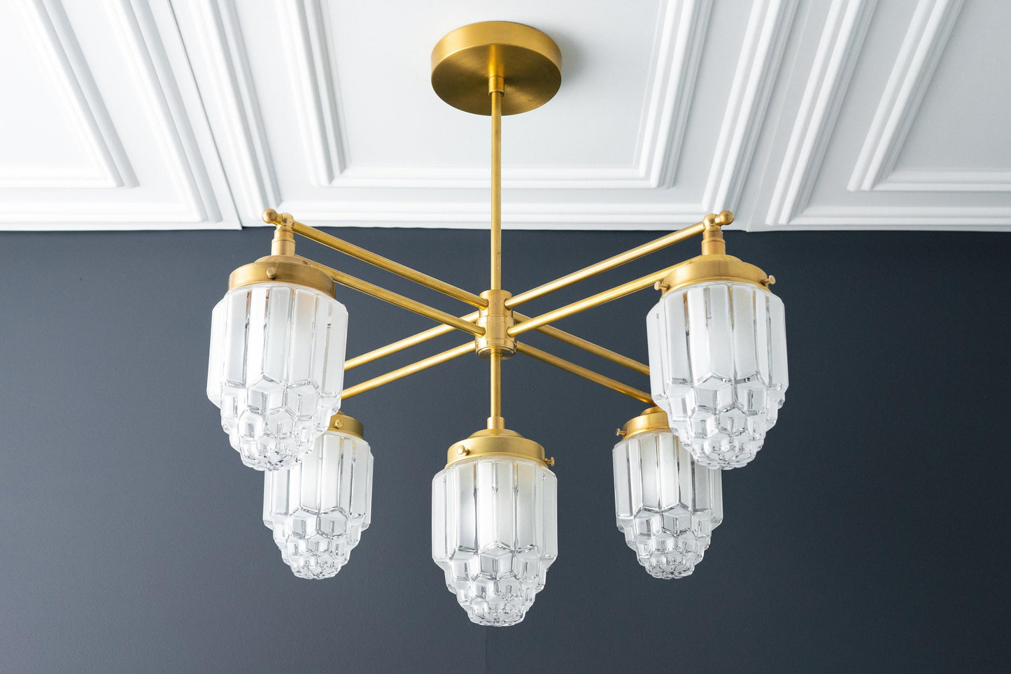 Tierlux Glass Chandelier – Vintage Brass Globe Lighting Fixture