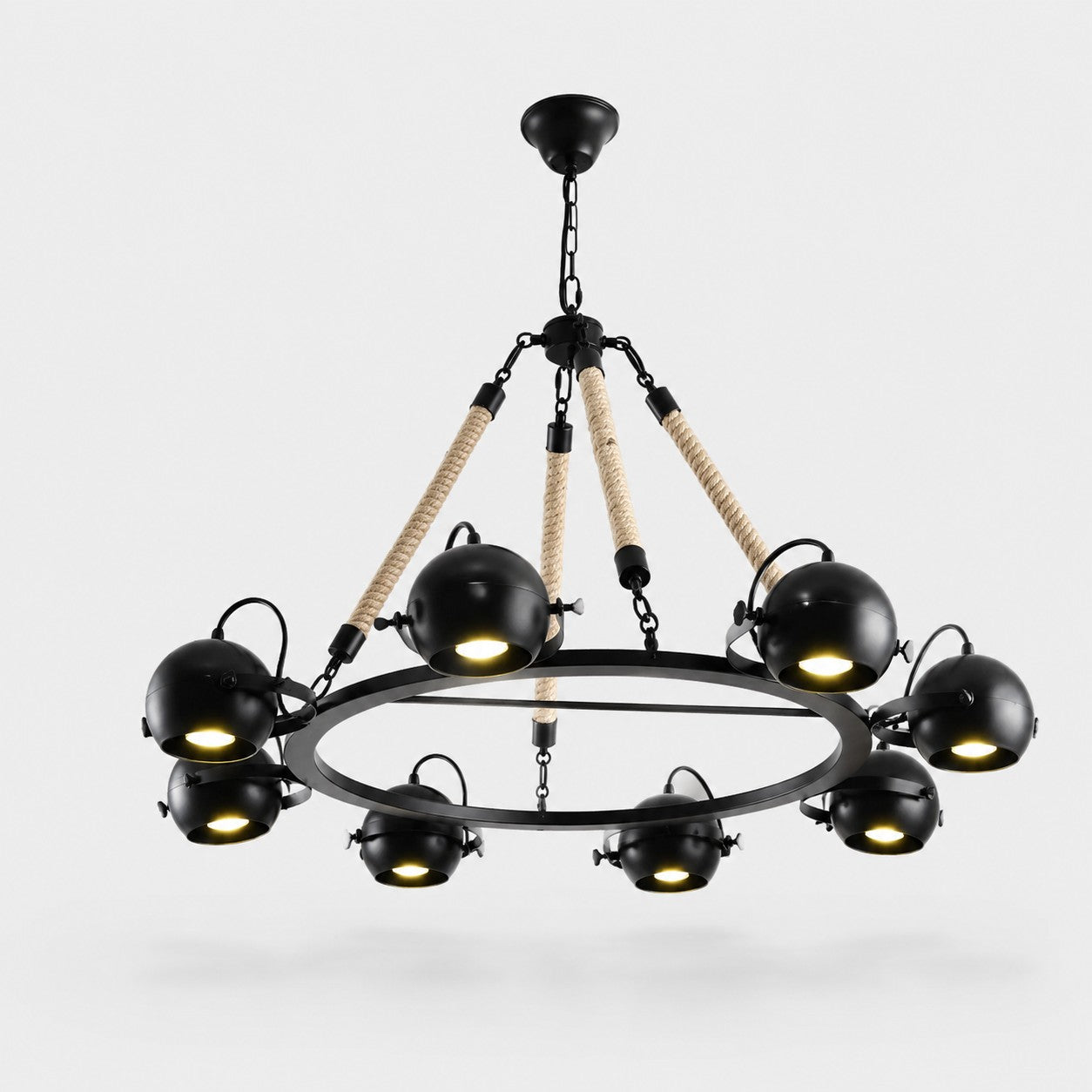 Industrial Rope Chandelier with Adjustable Rounded Heads