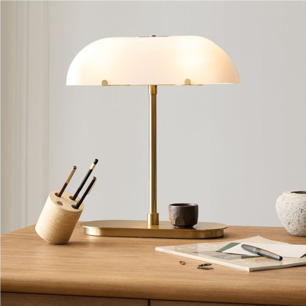 Ferosa Boat-Shaped Lampshade Table Lamp – Vintage Bronze Finish with Milk Glass Shade