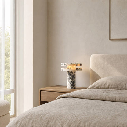 Modern Sculptural Table Lamp with Cylindrical Base Design for Bedroom Bedside and Living Room Use