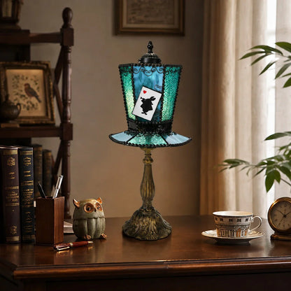 Aqua blue table lamp on desk scene