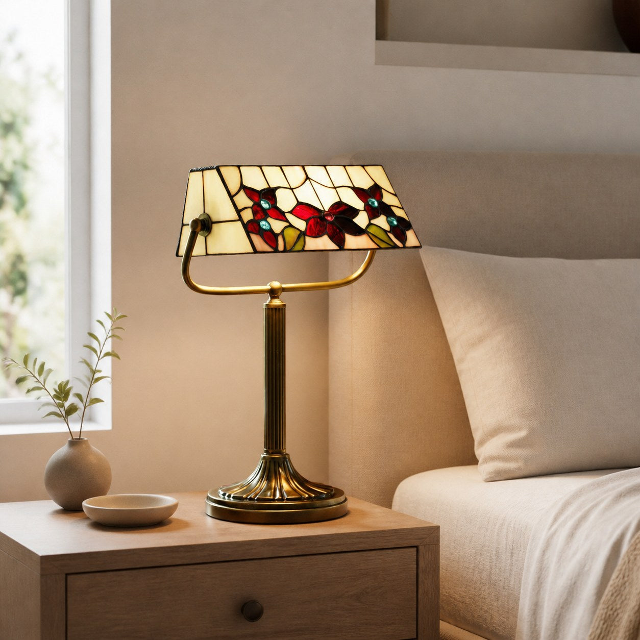 TF Camillo Dragonfly Table Lamp Stained Glass Scalloped Edge - Tiffany Style Art Nouveau for Console Tables