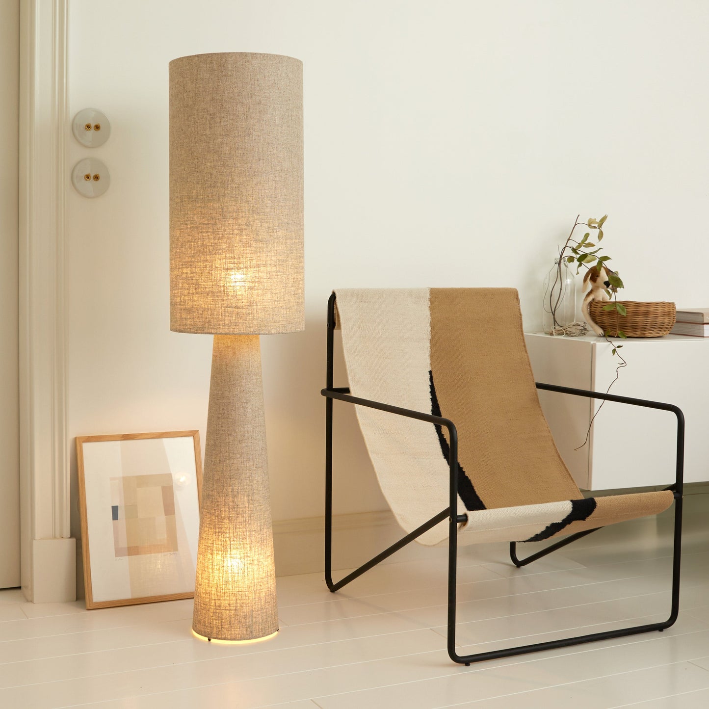 Rustikale zylindrische Leinen Stehlampe für Wohnzimmer
