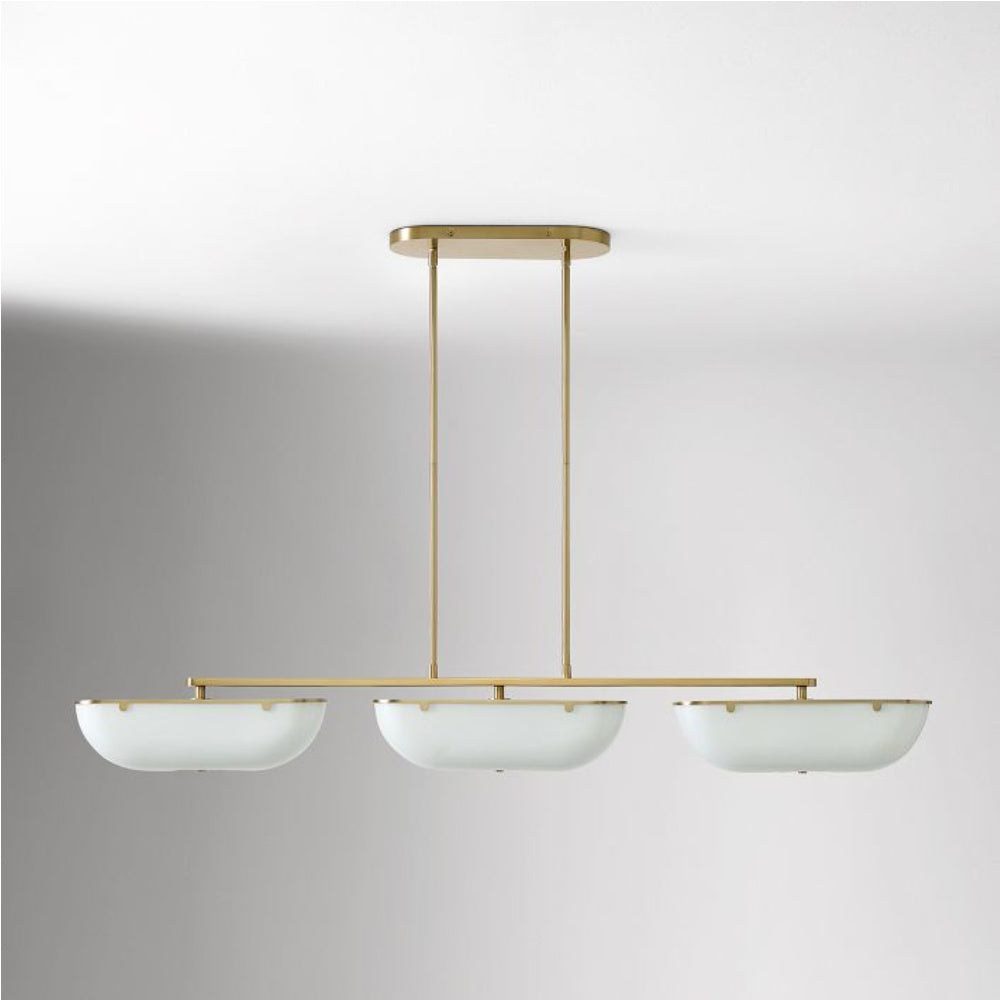 Ferosa Boat-Shaped Lampshade Linear Chandelier - Antique Brass with Milk Glass
