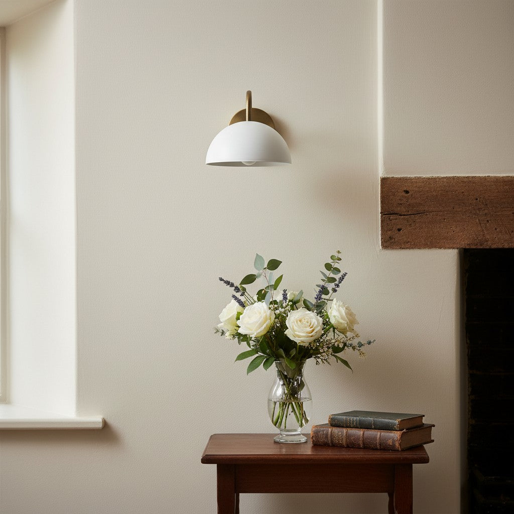 Curva Metal  Industrial Wall Sconce - Curved Brass Arm - Hammered Dome Light Fixture