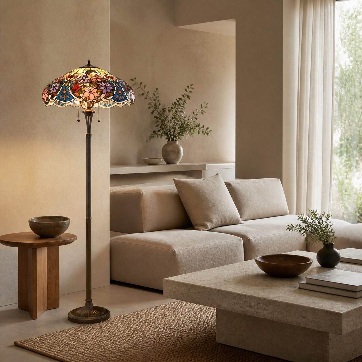 TF Sullivan Tiffany Stehlampe - Florales Buntglasdesign für Arbeits- oder Wohnzimmer