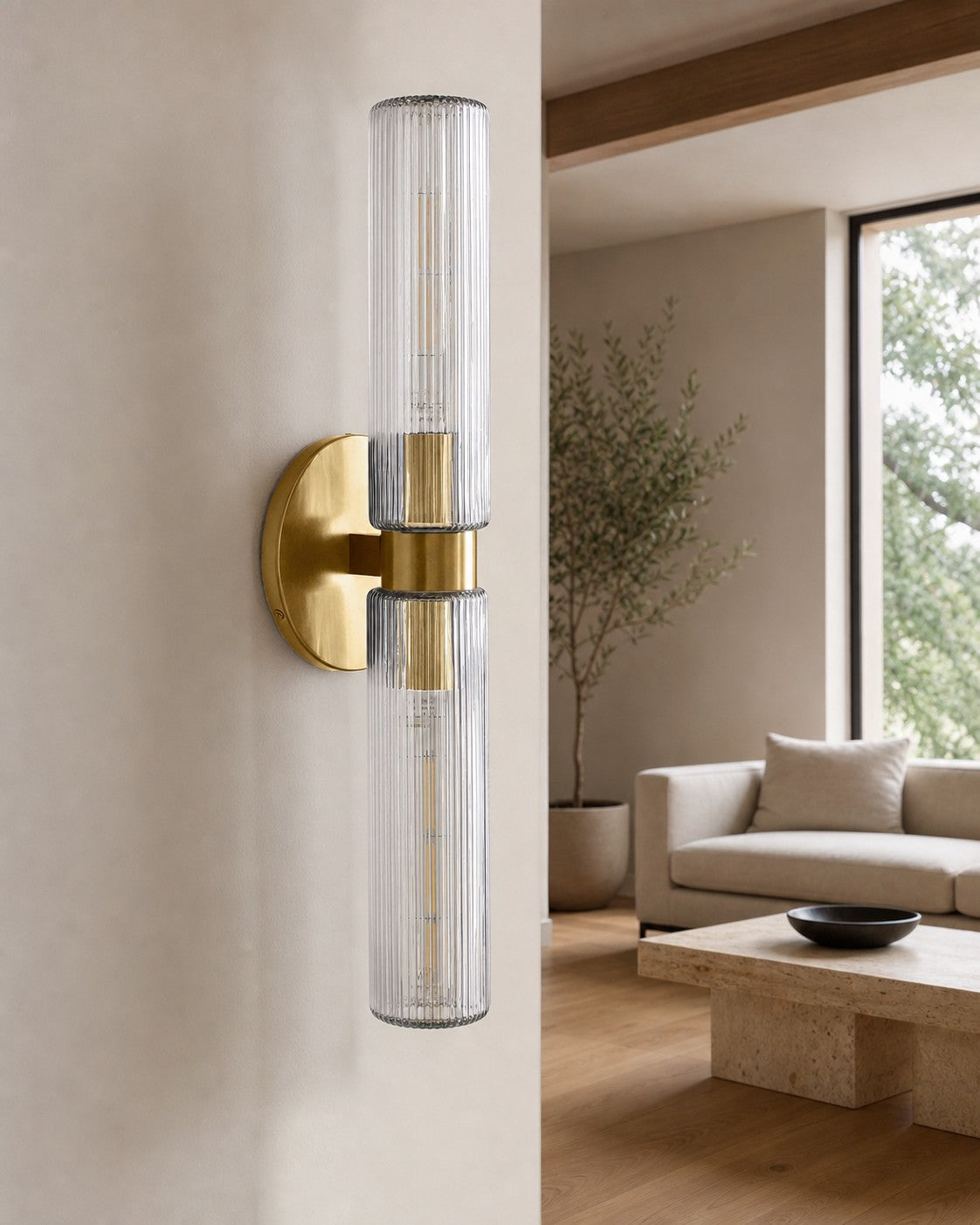 Rivora Doppel-Wandleuchte aus geriffeltem Glas, kurze Form, für drinnen und draußen, elegante Wandleuchte