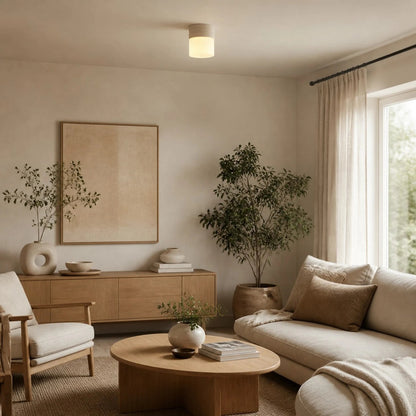 Natural stone ceiling light above a console and seating corner