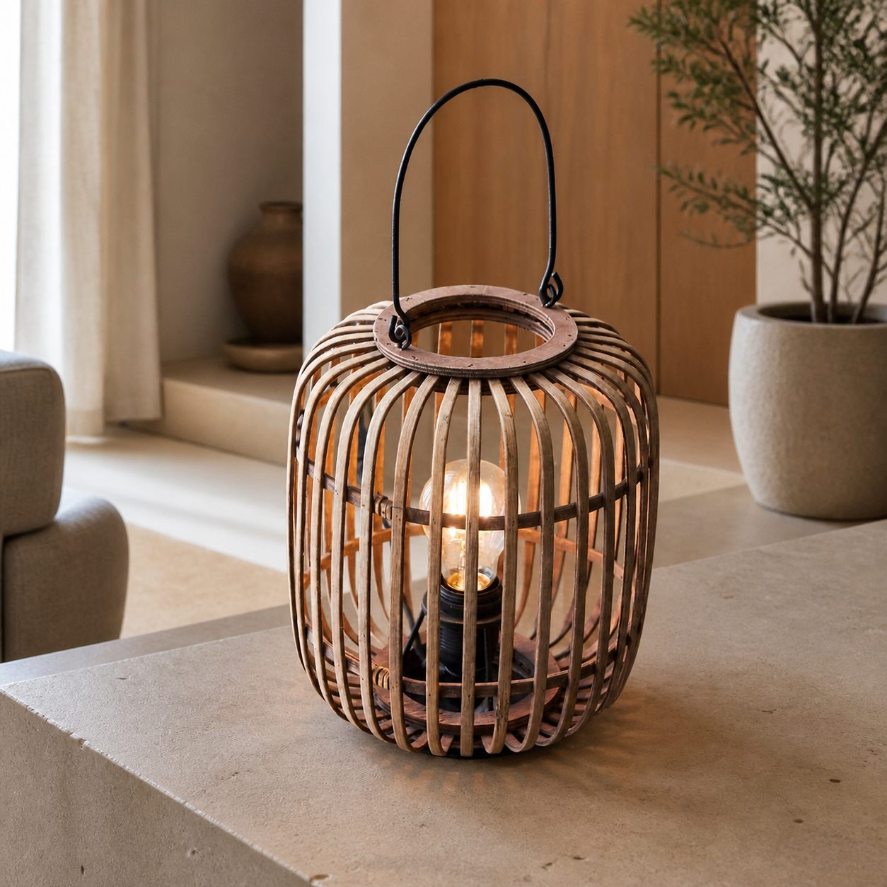 Yumeko Ambient Tischleuchte – Stilvolles und umweltfreundliches Design im offenen Bambuskäfig-Stil für Wohn- und Schlafzimmer