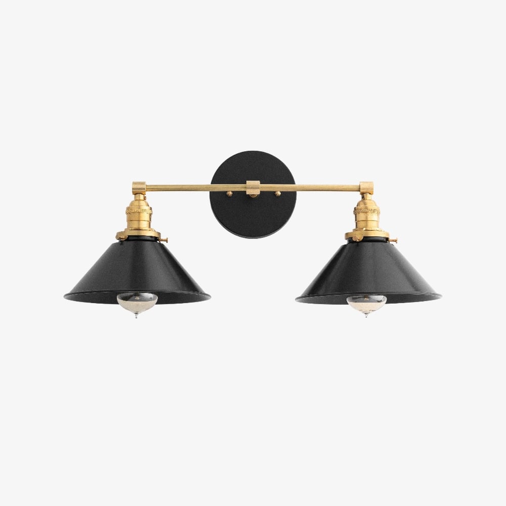 Conique Metal Dual Black Sconce with Cone Shades - Industrial Vanity Wall Light for Mirror