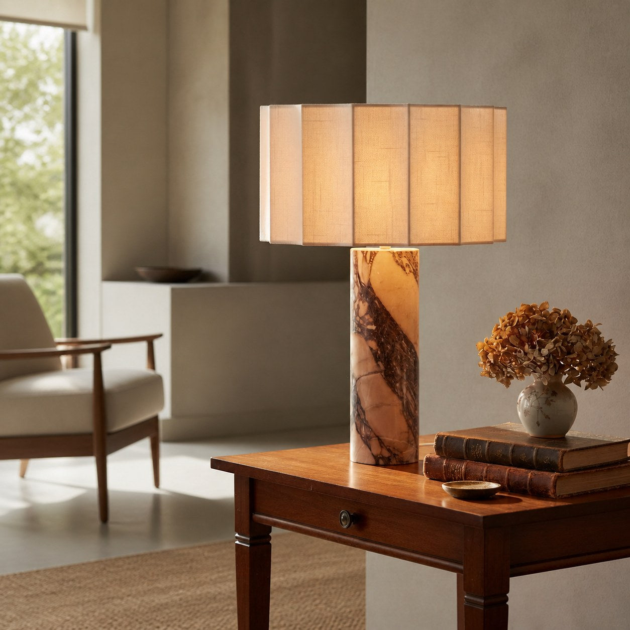 Cavilon Table Lamp with Fan-Shaped Linen Shade - Stone Finishes Suitable for Living Rooms
