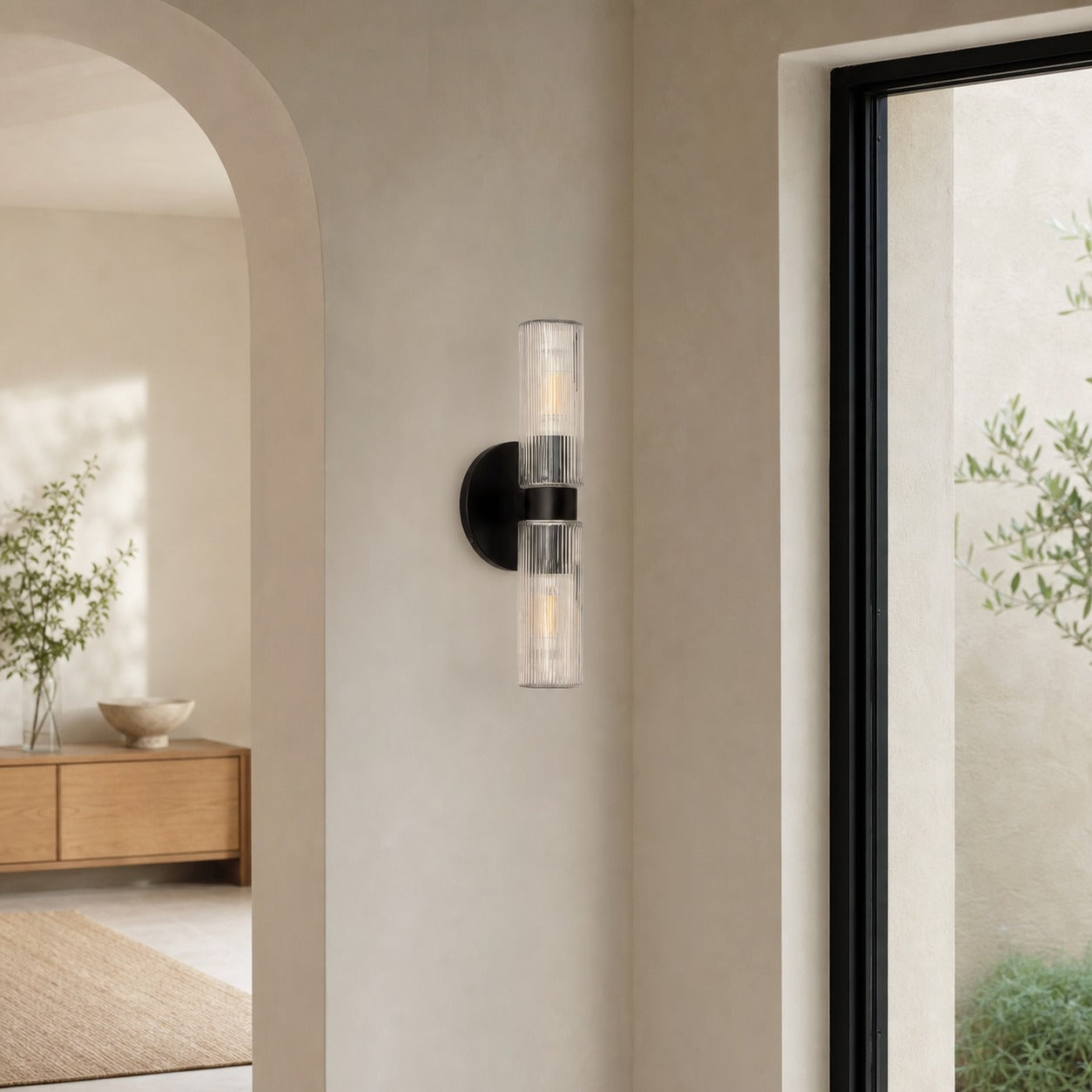 Rivora Doppel-Wandleuchte aus geriffeltem Glas, kurze Form, für drinnen und draußen, elegante Wandleuchte