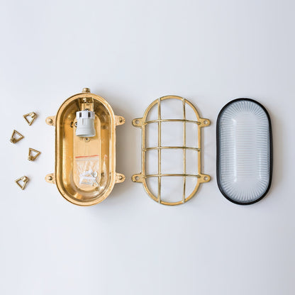 Ivoran Bulkhead Wall Sconce - Brass Caged Glass Vintage Industrial Light for Outdoor and Bathroom