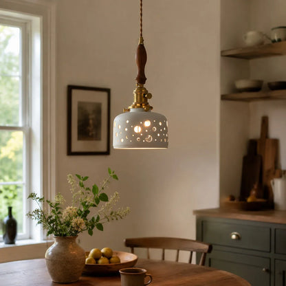 Wood accent dot ceramic pendant light in a kitchen scene
