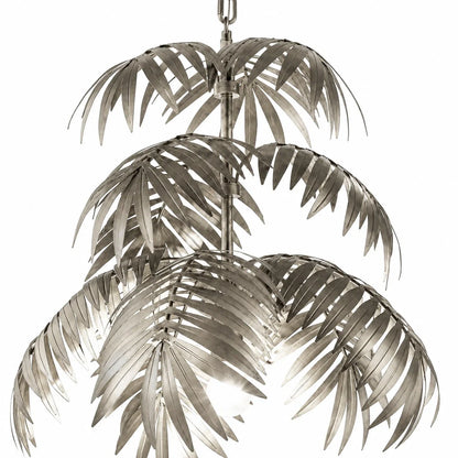 Three layer silver palm leaf chandelier on a white background