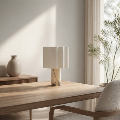 Cavilon Table Lamp with Fan-Shaped Linen Shade - Stone Finishes Suitable for Living Rooms