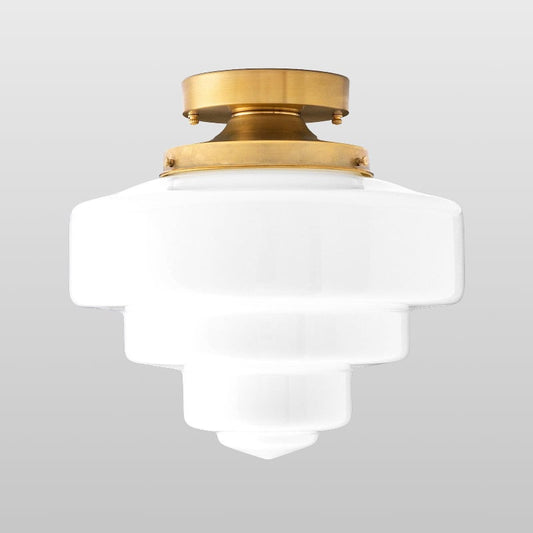 Geotower Glass Brass Ceiling Lamp – Handblown Opal Glass Globe Light