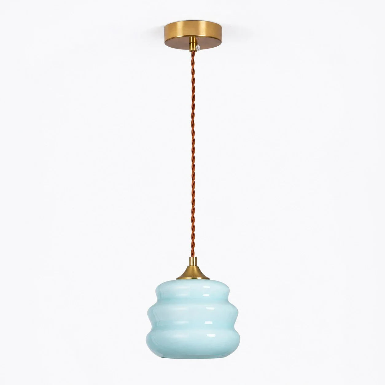 Blue ribbed glass pendant light full view