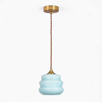 Blue ribbed glass pendant light full view