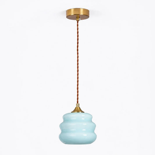 Blue ribbed glass pendant light full view