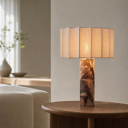 Cavilon Table Lamp with Fan-Shaped Linen Shade - Stone Finishes Suitable for Living Rooms