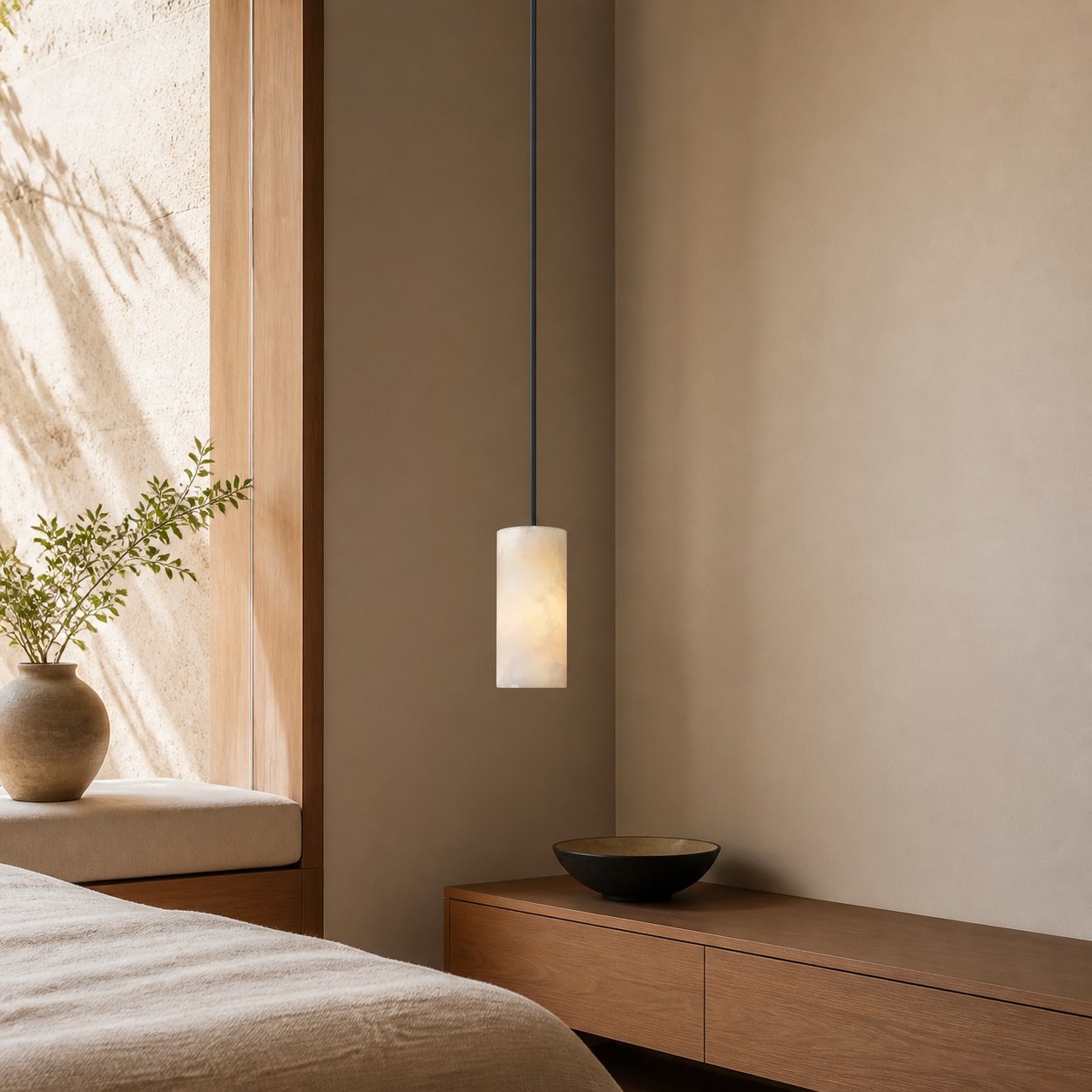 Hand Carved Alabaster Cylinder Pendant Light