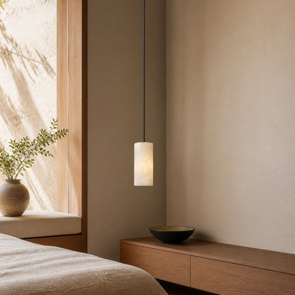 Hand Carved Alabaster Cylinder Pendant Light