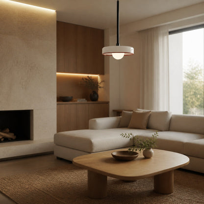 Kalo Modern Pendant Light - Sleek Metal Rod and Disc Orb Glass Design
