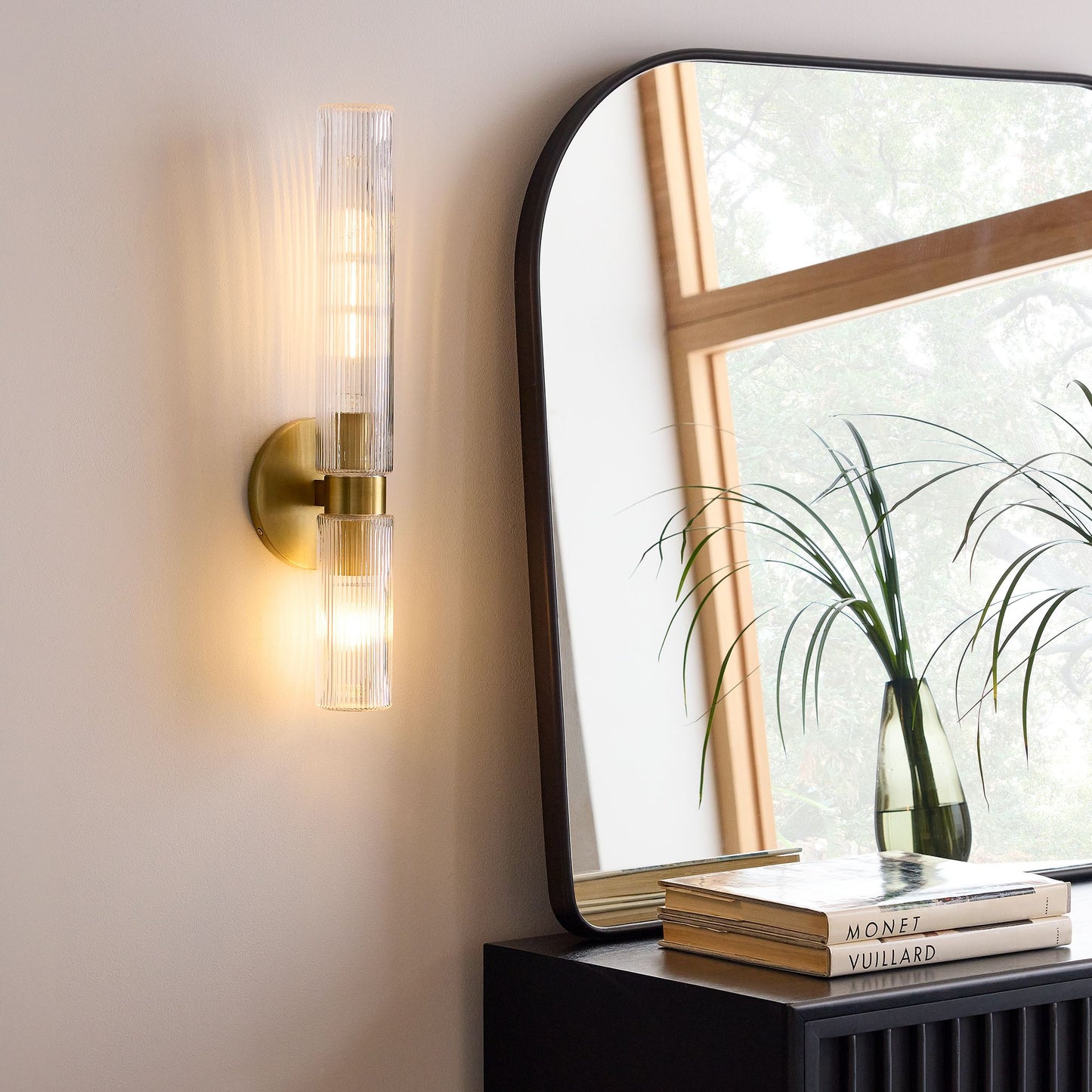 Rivora Fluted Glass Double Short Sconce - Indoor Outdoor Wall Light Elegance